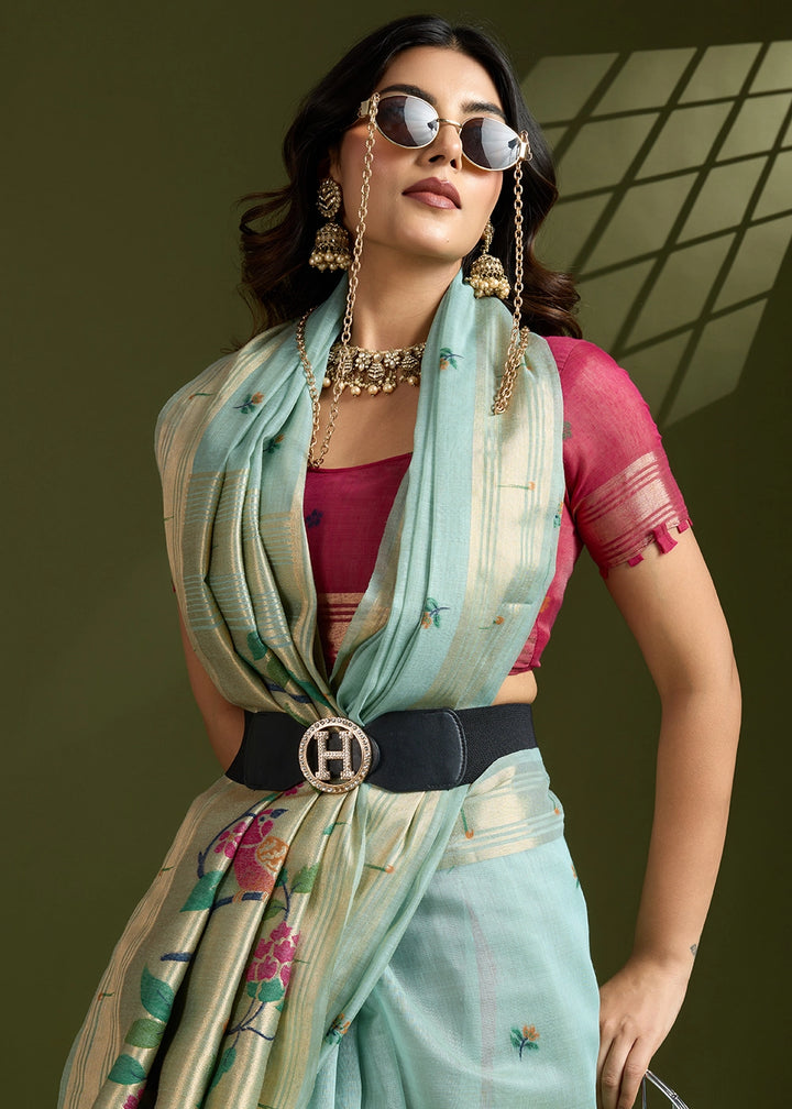 Light Blue Muga Cotton Saree Adorned with Woven Zari Paithani Pallu