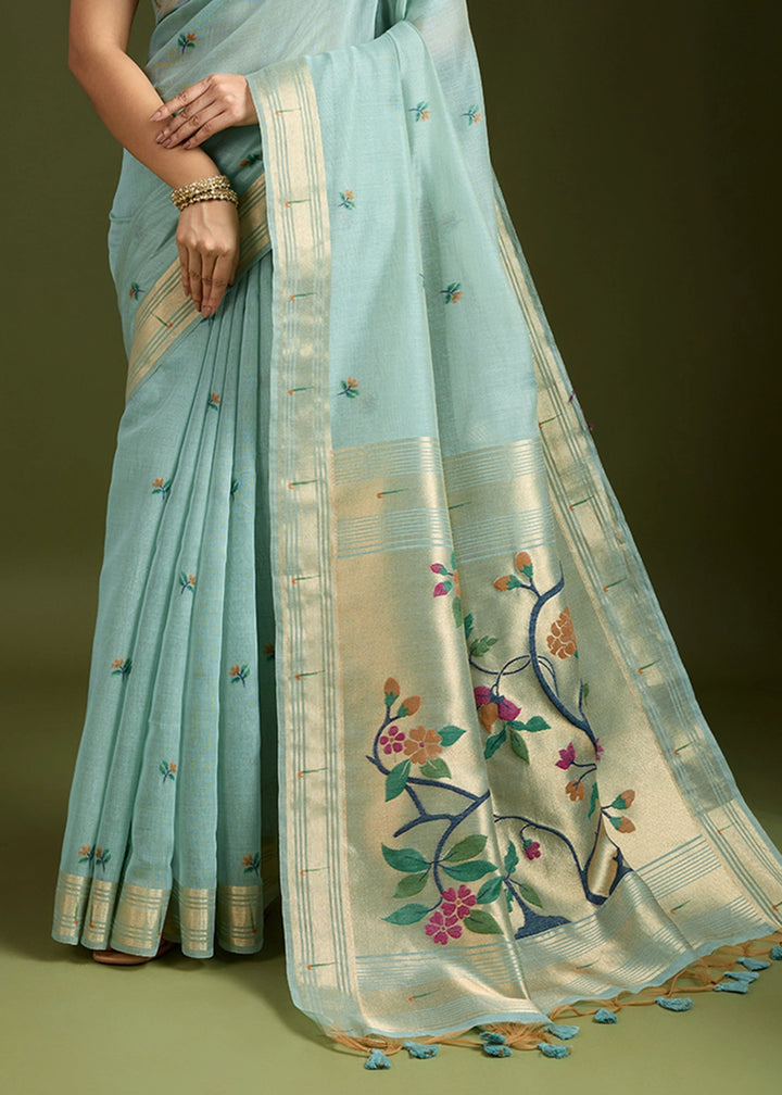 Light Blue Muga Cotton Saree Adorned with Woven Zari Paithani Pallu