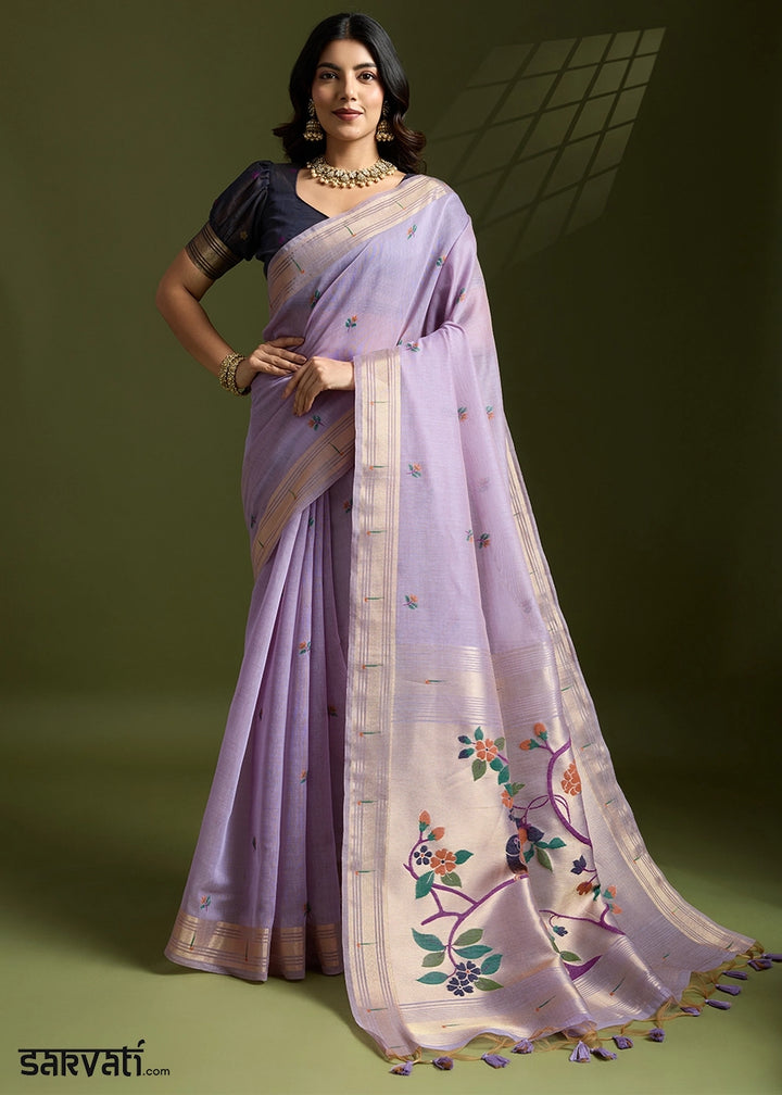 Lavender Purple Muga Cotton Saree Adorned with Woven Zari Paithani Pallu