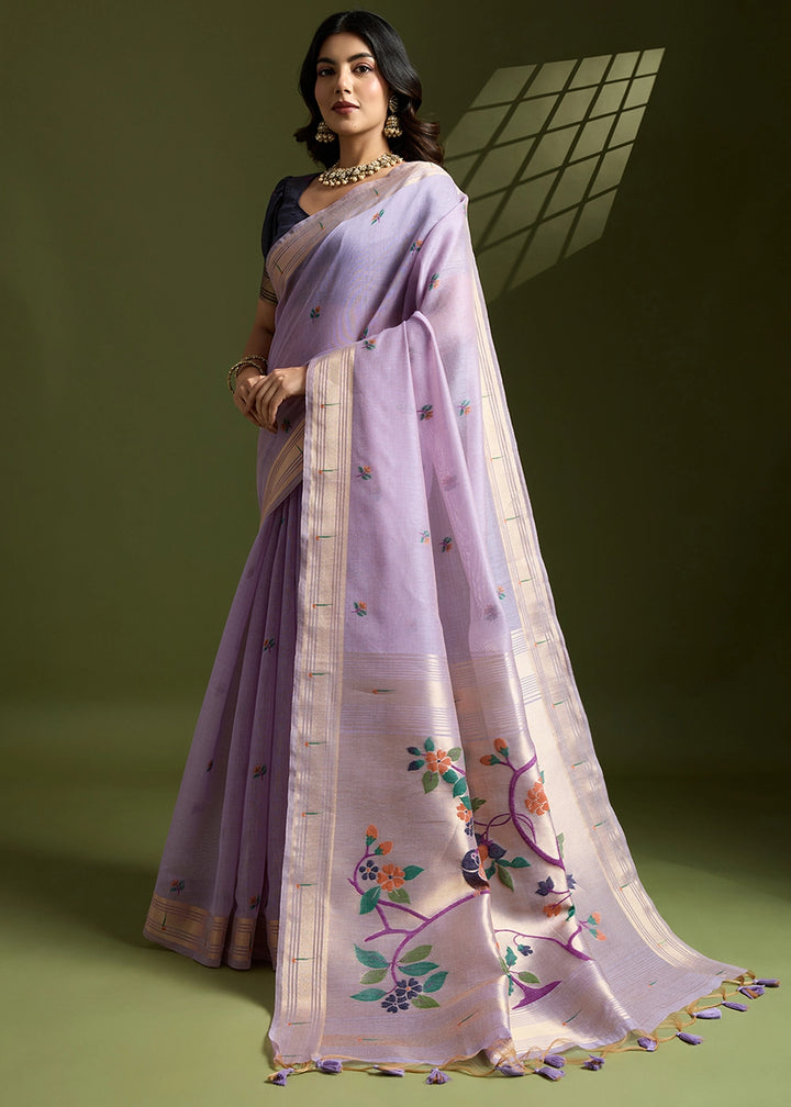 Lavender Purple Muga Cotton Saree Adorned with Woven Zari Paithani Pallu