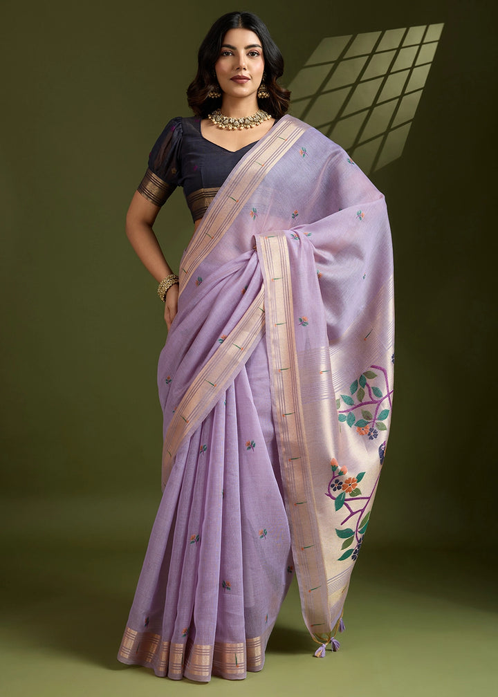 Lavender Purple Muga Cotton Saree Adorned with Woven Zari Paithani Pallu