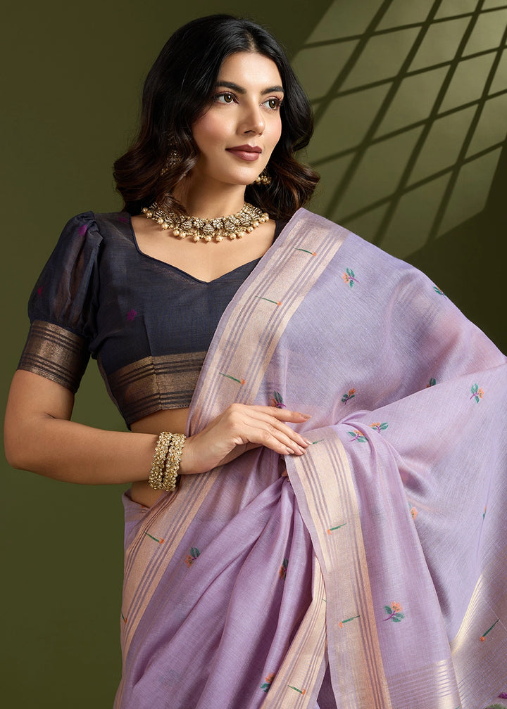 Lavender Purple Muga Cotton Saree Adorned with Woven Zari Paithani Pallu