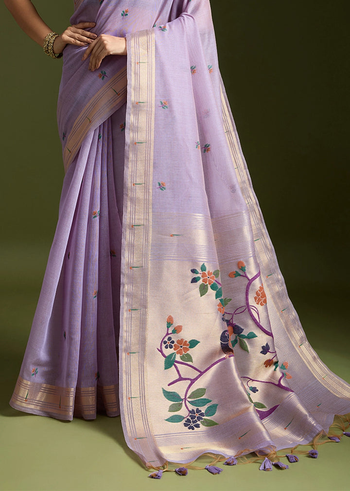 Lavender Purple Muga Cotton Saree Adorned with Woven Zari Paithani Pallu