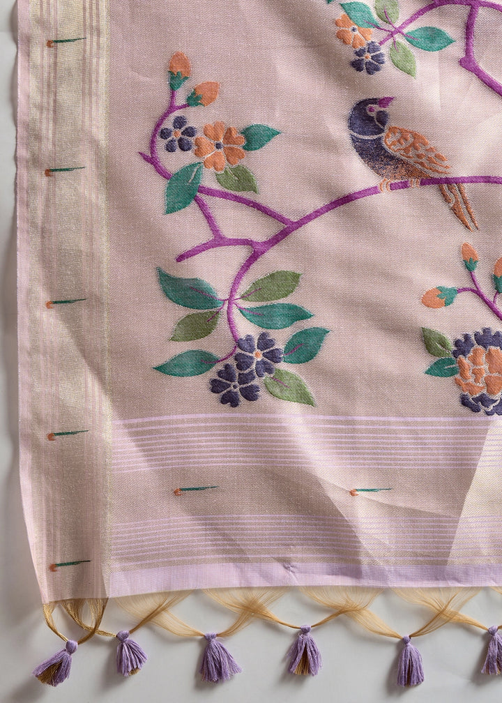 Lavender Purple Muga Cotton Saree Adorned with Woven Zari Paithani Pallu