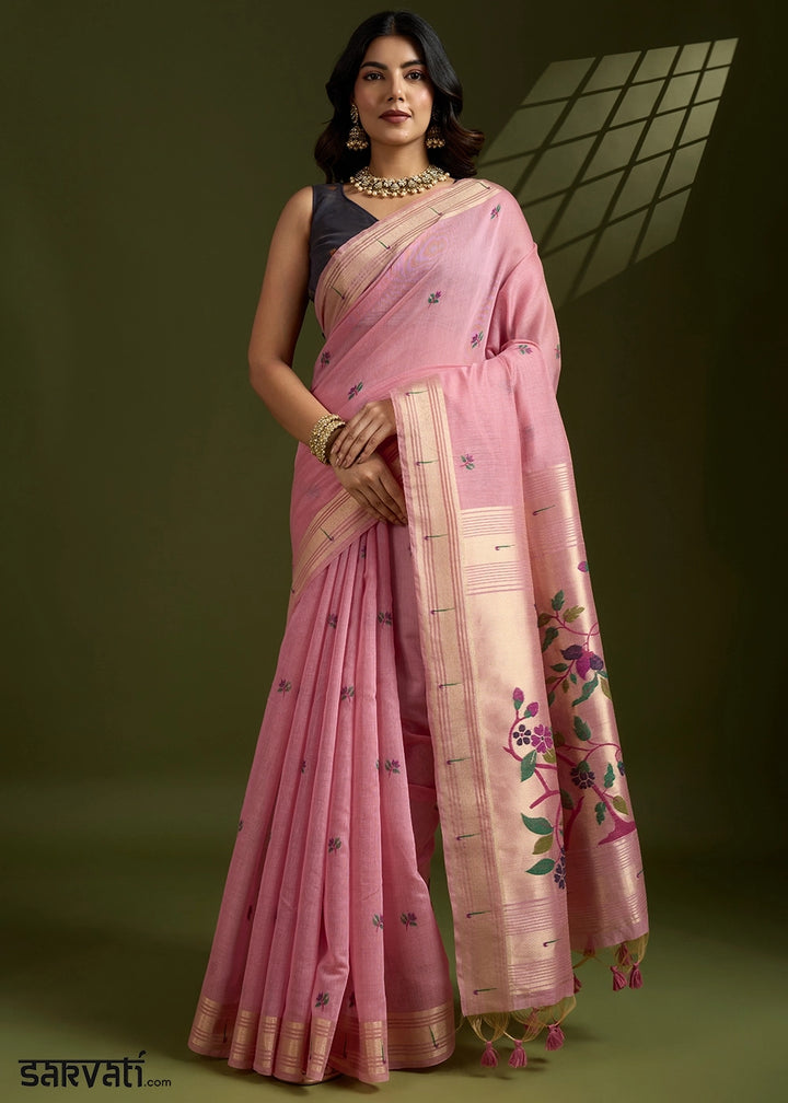 Shades Of Pink Muga Cotton Saree Adorned with Woven Zari Paithani Pallu