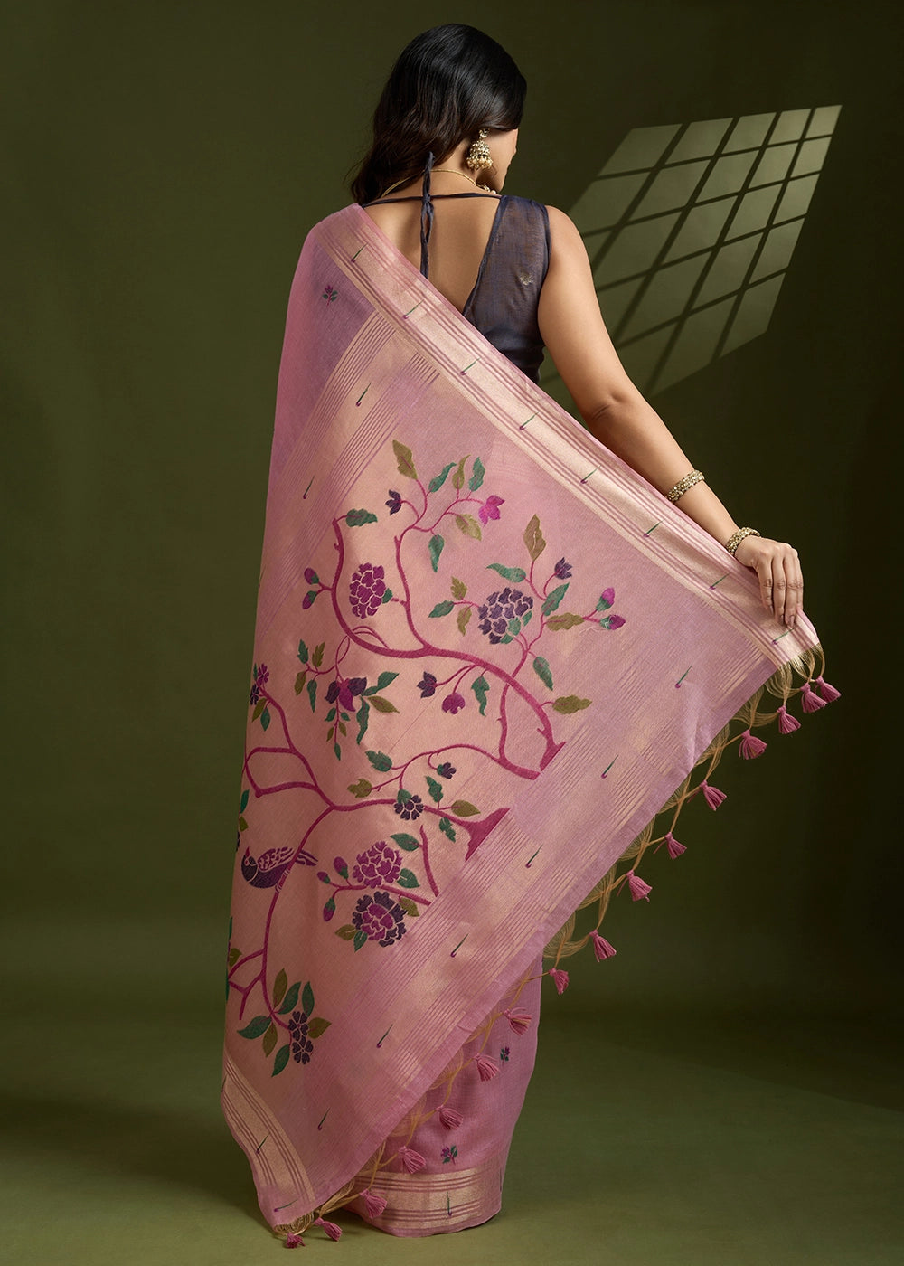 Shades Of Pink Muga Cotton Saree Adorned with Woven Zari Paithani Pallu