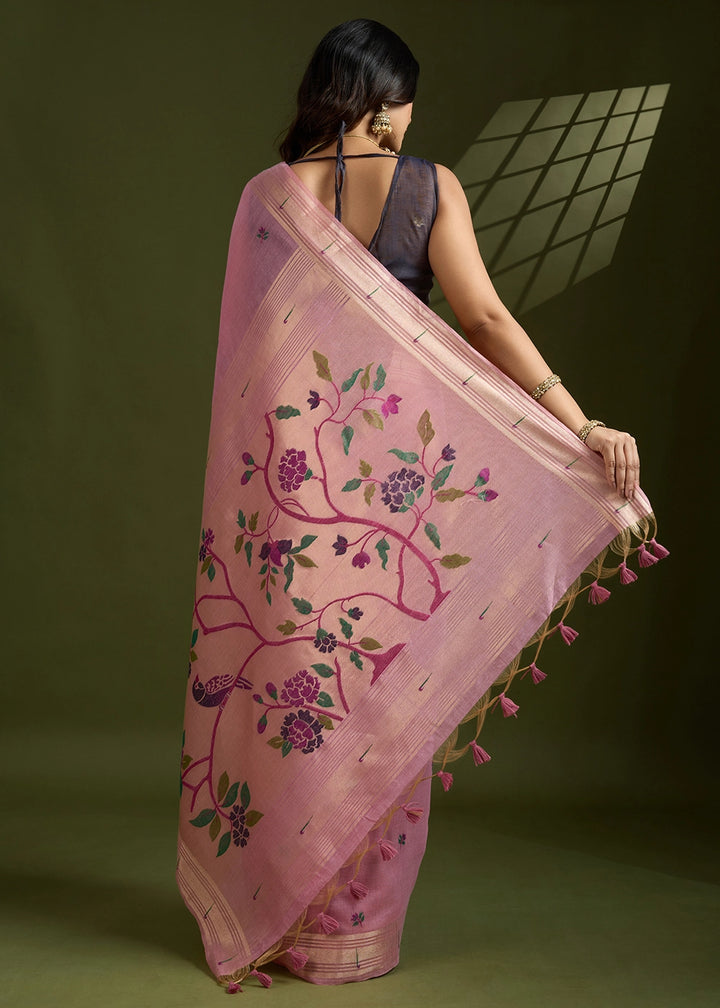 Shades Of Pink Muga Cotton Saree Adorned with Woven Zari Paithani Pallu