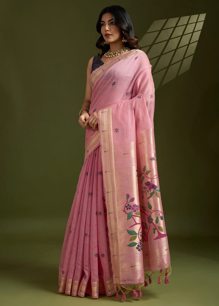 Shades Of Pink Muga Cotton Saree Adorned with Woven Zari Paithani Pallu