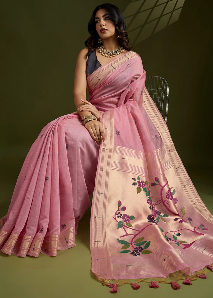 Shades Of Pink Muga Cotton Saree Adorned with Woven Zari Paithani Pallu