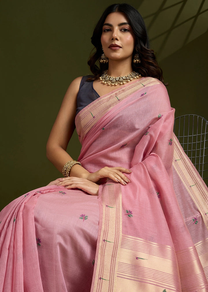 Shades Of Pink Muga Cotton Saree Adorned with Woven Zari Paithani Pallu