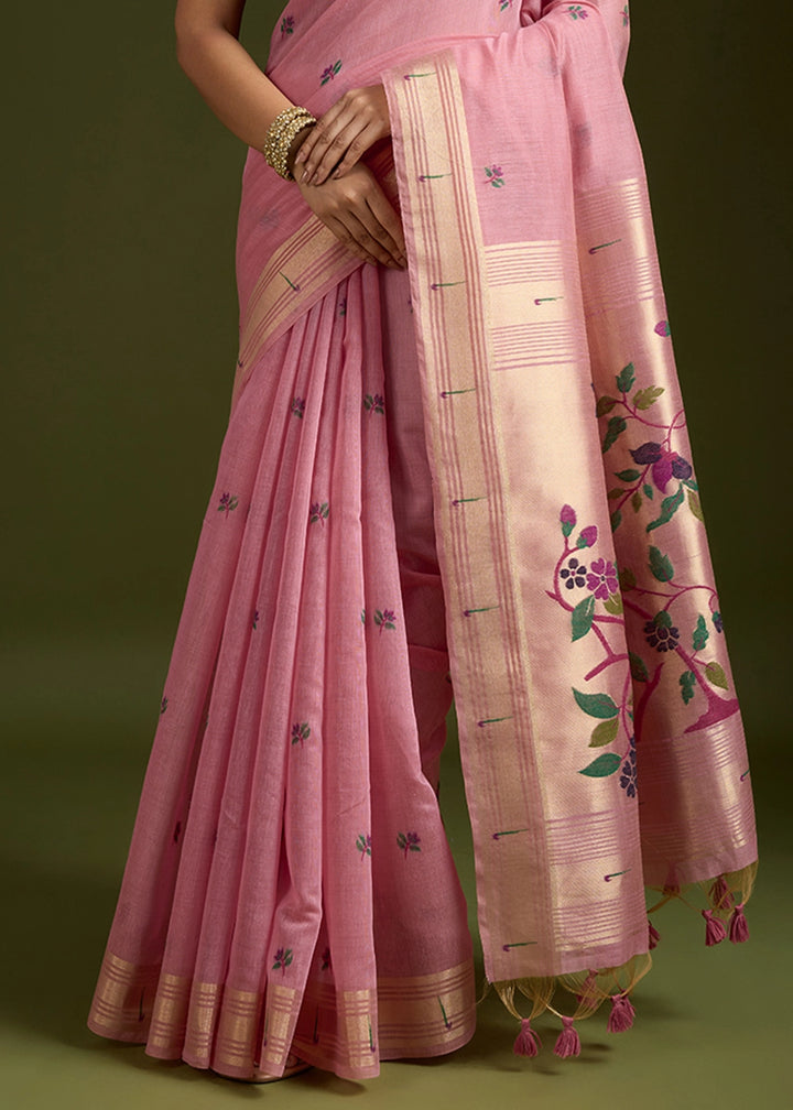 Shades Of Pink Muga Cotton Saree Adorned with Woven Zari Paithani Pallu