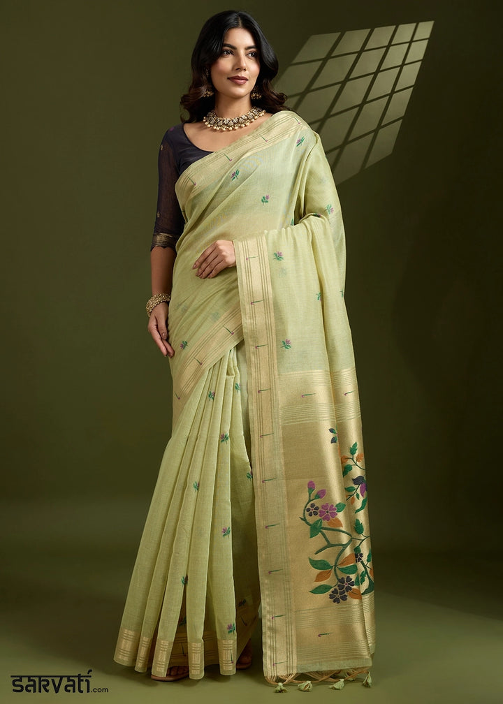 Pista Green Muga Cotton Saree Adorned with Woven Zari Paithani Pallu