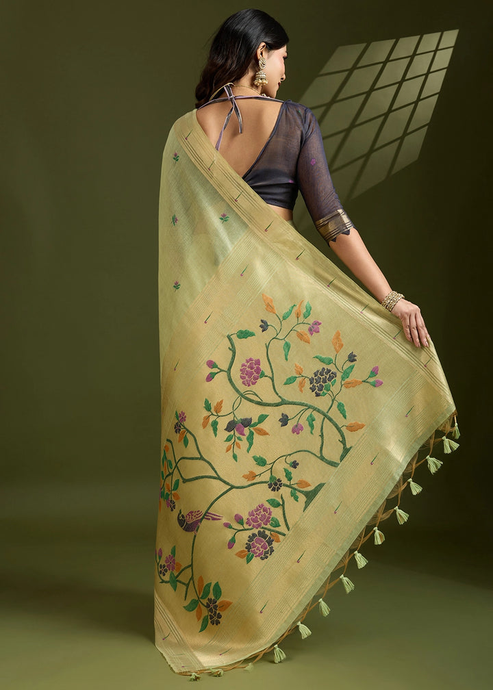 Pista Green Muga Cotton Saree Adorned with Woven Zari Paithani Pallu