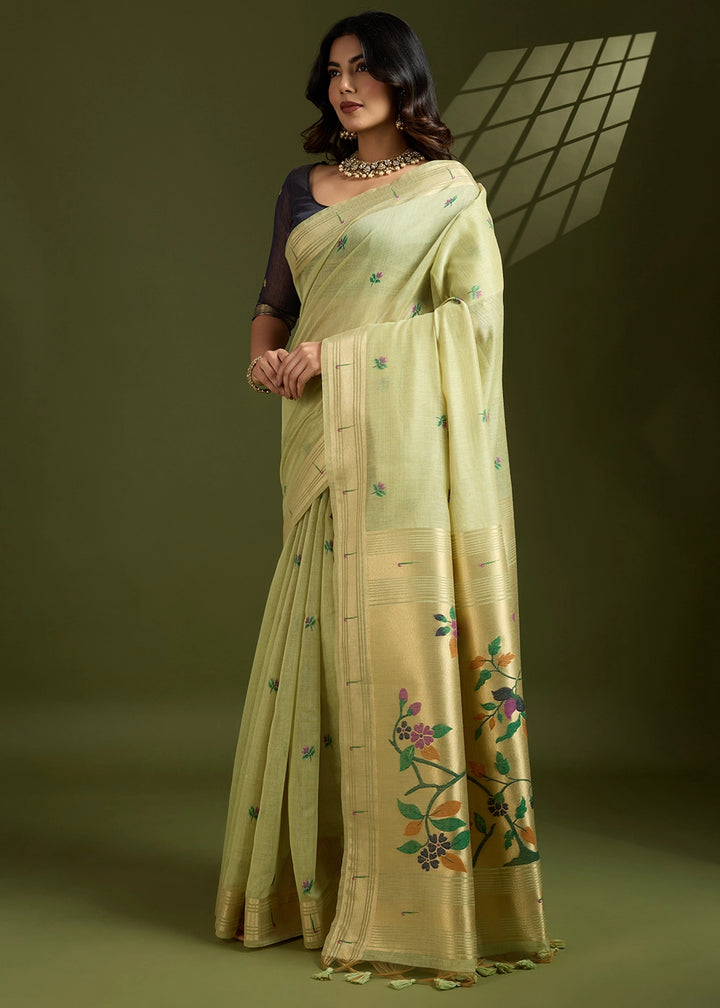 Pista Green Muga Cotton Saree Adorned with Woven Zari Paithani Pallu