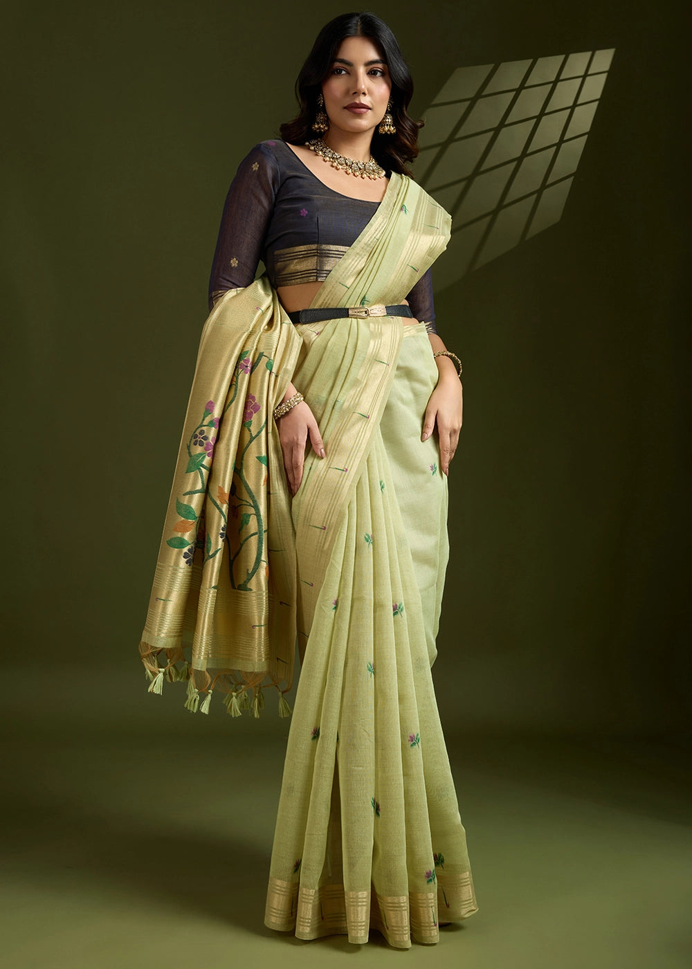 Pista Green Muga Cotton Saree Adorned with Woven Zari Paithani Pallu