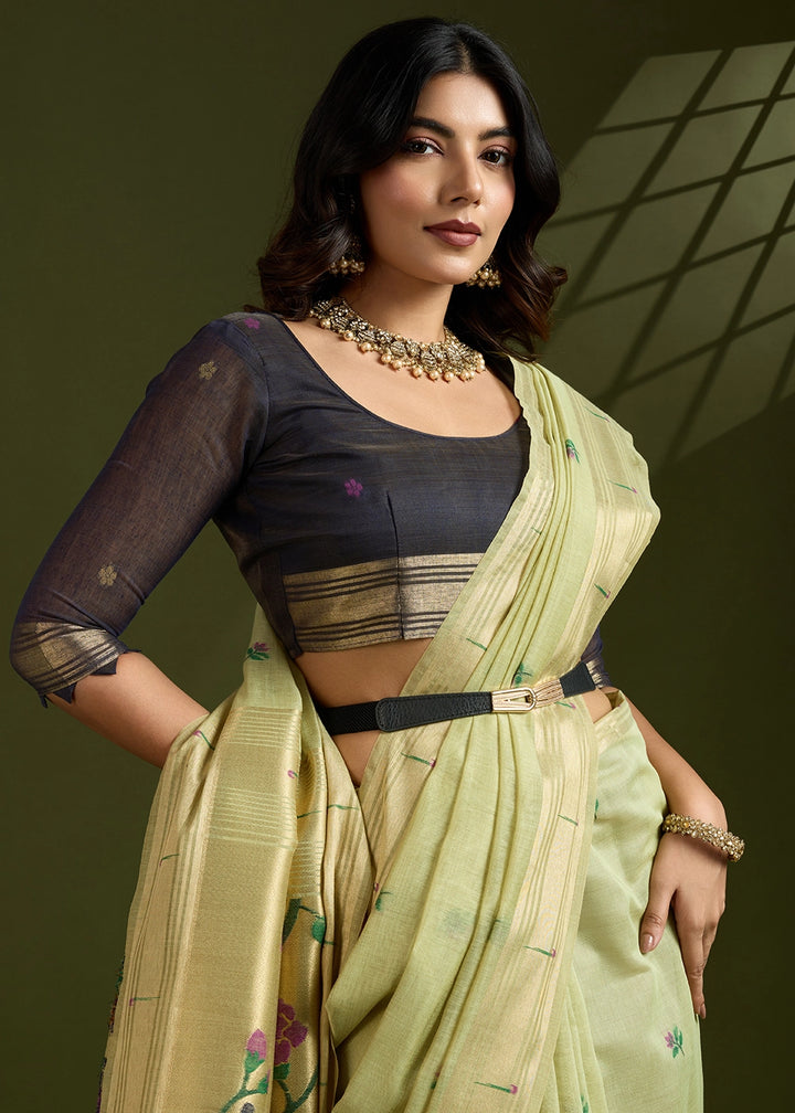 Pista Green Muga Cotton Saree Adorned with Woven Zari Paithani Pallu