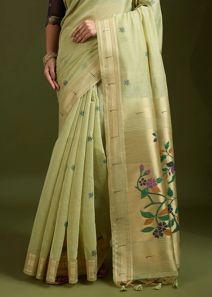 Pista Green Muga Cotton Saree Adorned with Woven Zari Paithani Pallu