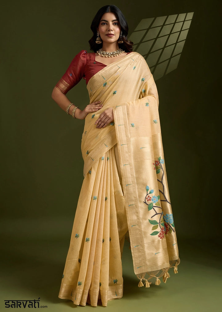 Light Yellow Muga Cotton Saree Adorned with Woven Zari Paithani Pallu
