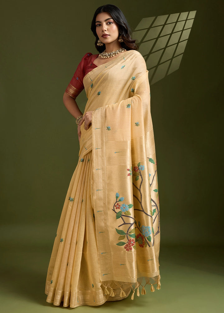 Light Yellow Muga Cotton Saree Adorned with Woven Zari Paithani Pallu
