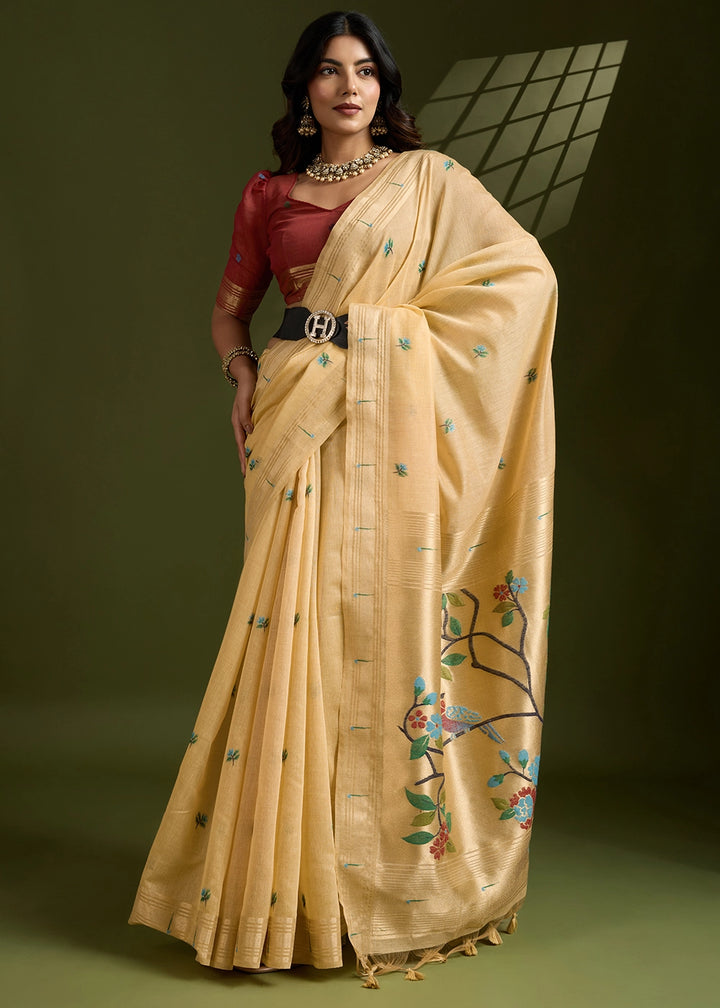 Light Yellow Muga Cotton Saree Adorned with Woven Zari Paithani Pallu