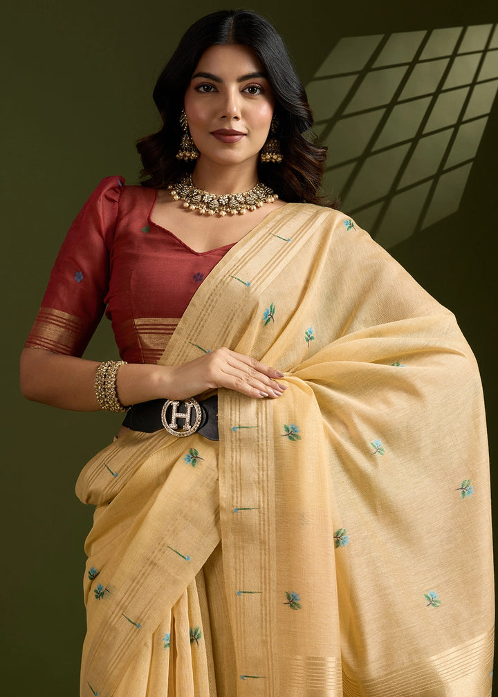 Light Yellow Muga Cotton Saree Adorned with Woven Zari Paithani Pallu