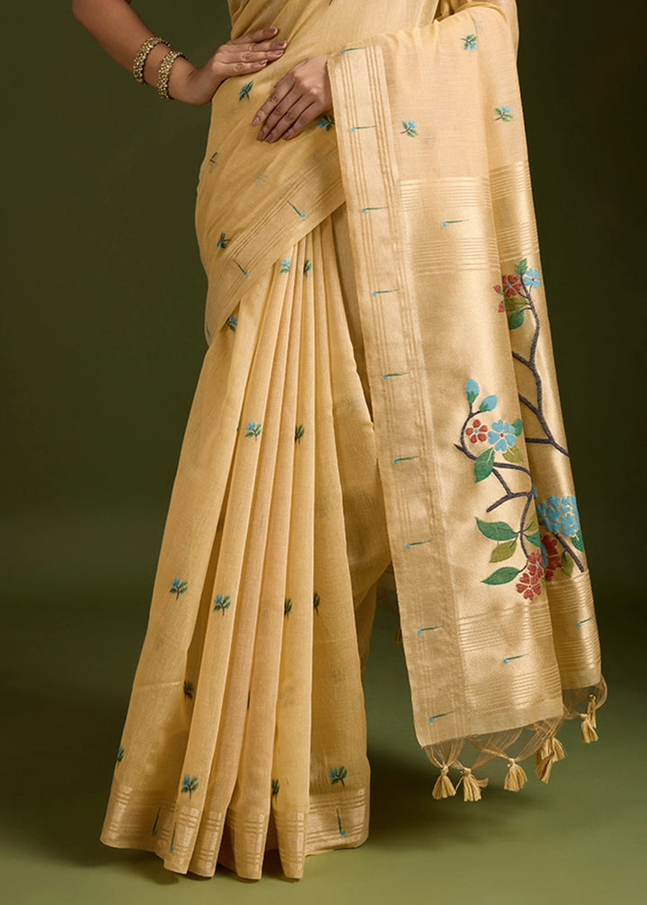 Light Yellow Muga Cotton Saree Adorned with Woven Zari Paithani Pallu