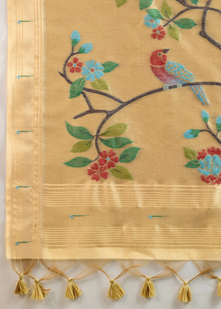 Light Yellow Muga Cotton Saree Adorned with Woven Zari Paithani Pallu