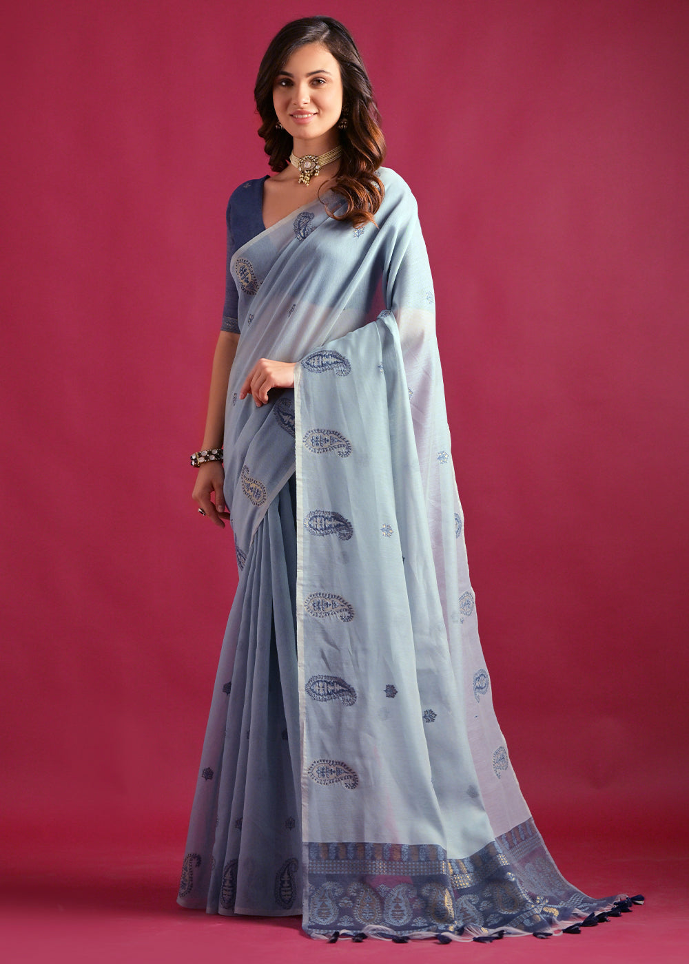 Pastel Blue Mulmul Cotton Saree with Handwoven Keri Design Pallu & Butti Work