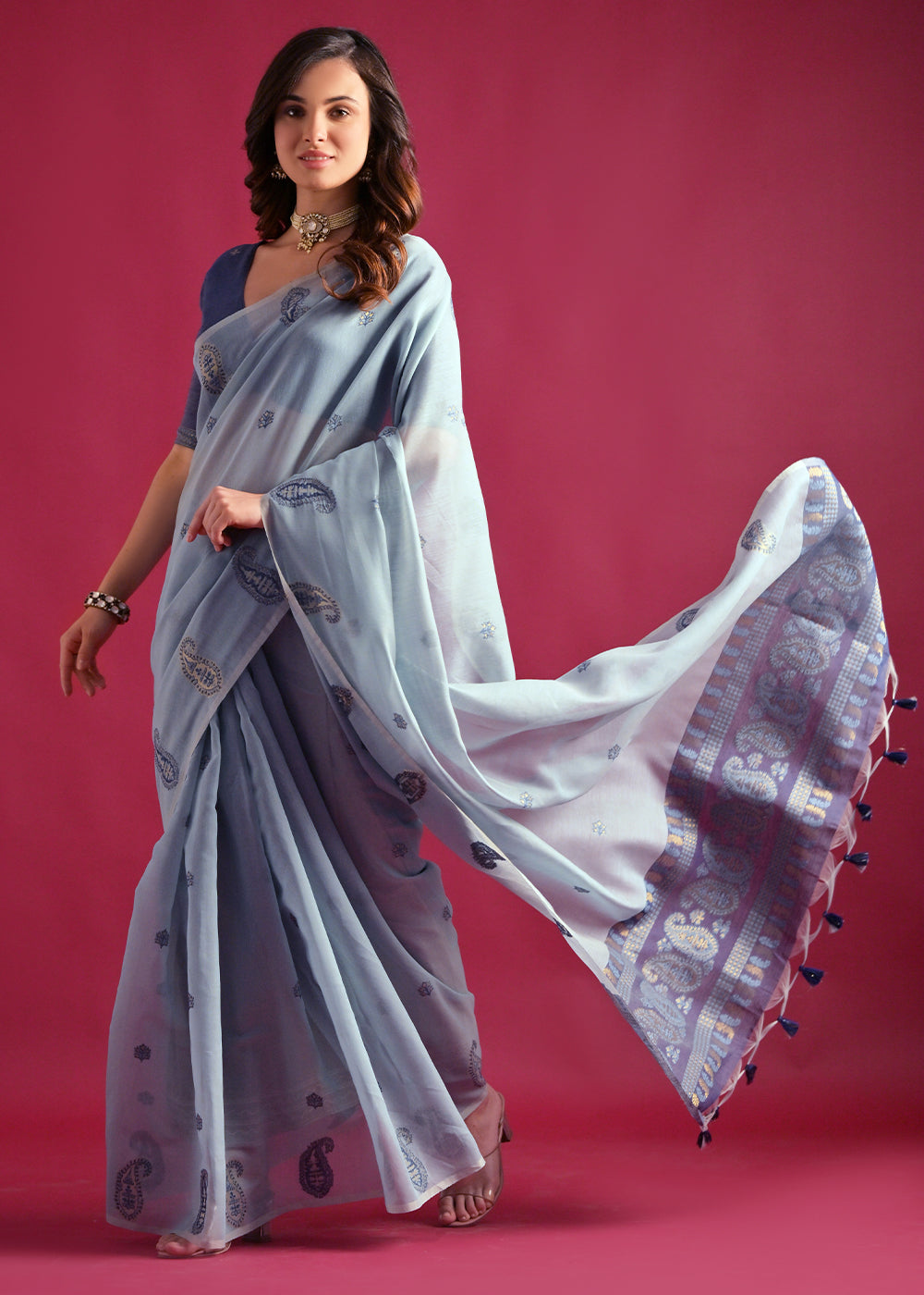 Pastel Blue Mulmul Cotton Saree with Handwoven Keri Design Pallu & Butti Work