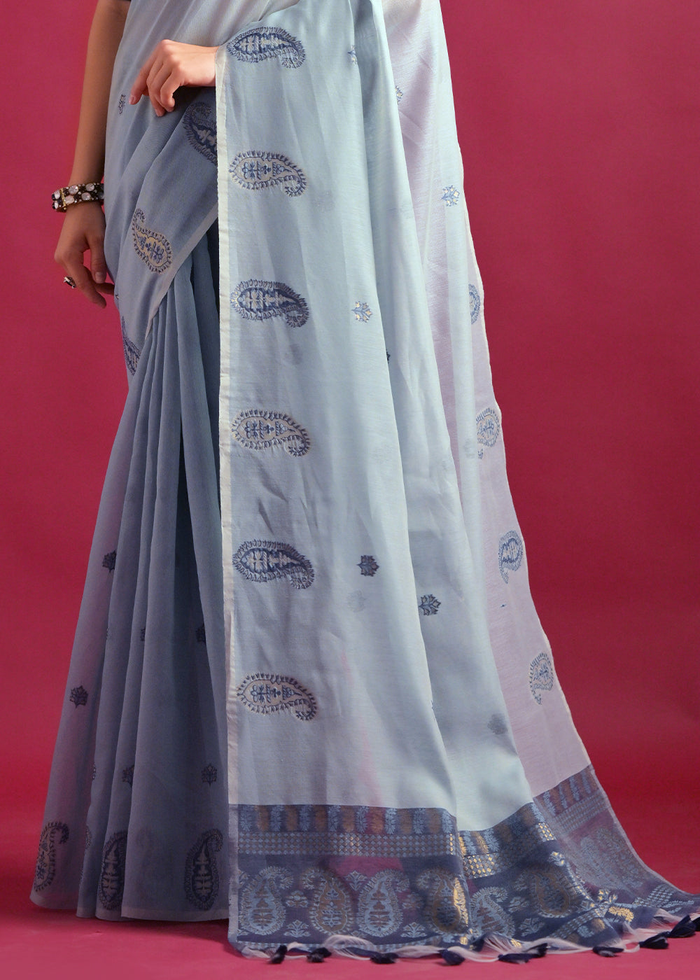 Pastel Blue Mulmul Cotton Saree with Handwoven Keri Design Pallu & Butti Work