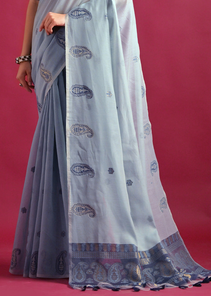 Pastel Blue Mulmul Cotton Saree with Handwoven Keri Design Pallu & Butti Work