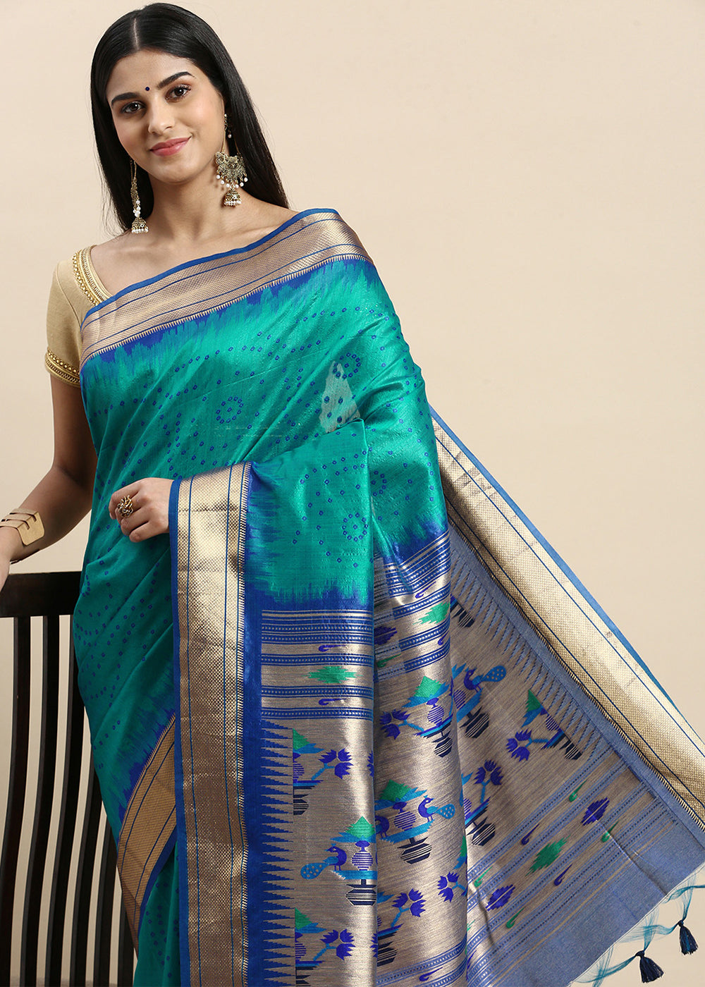 Turquoise Blue Bandhani Paithani Silk Saree with Exquisite Zari Pallu