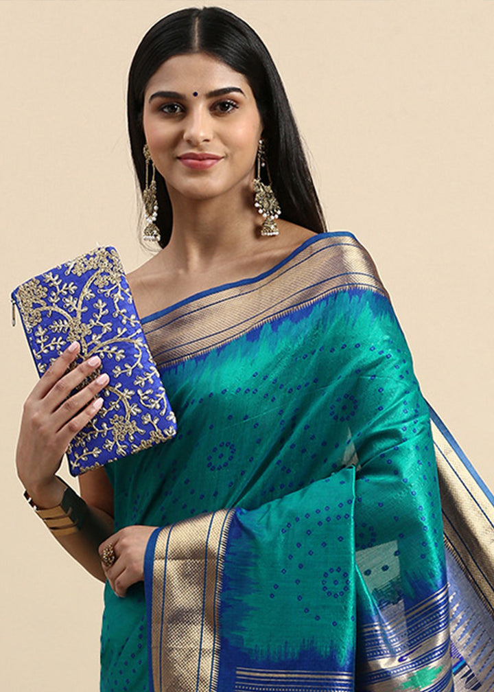 Turquoise Blue Bandhani Paithani Silk Saree with Exquisite Zari Pallu