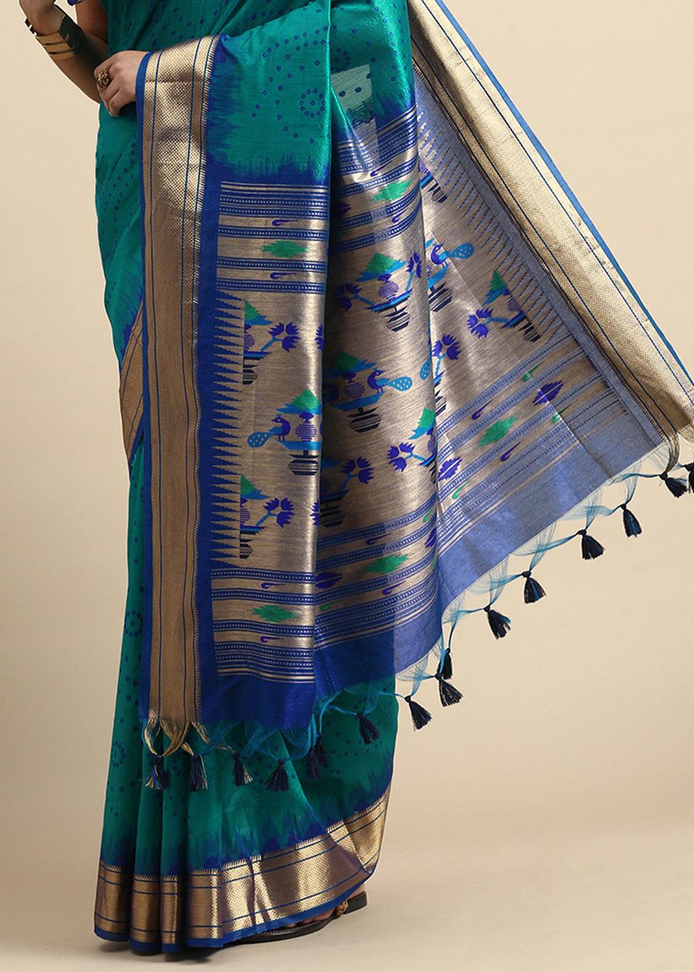 Turquoise Blue Bandhani Paithani Silk Saree with Exquisite Zari Pallu