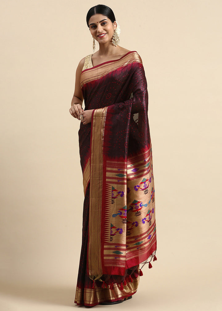 Dark Chocolate Brown Bandhani Paithani Silk Saree with Exquisite Zari Pallu