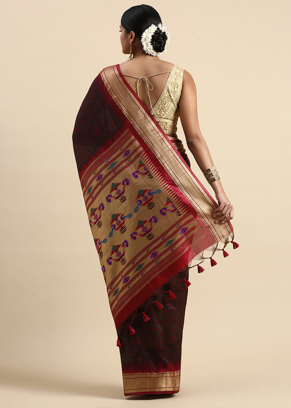 Dark Chocolate Brown Bandhani Paithani Silk Saree with Exquisite Zari Pallu