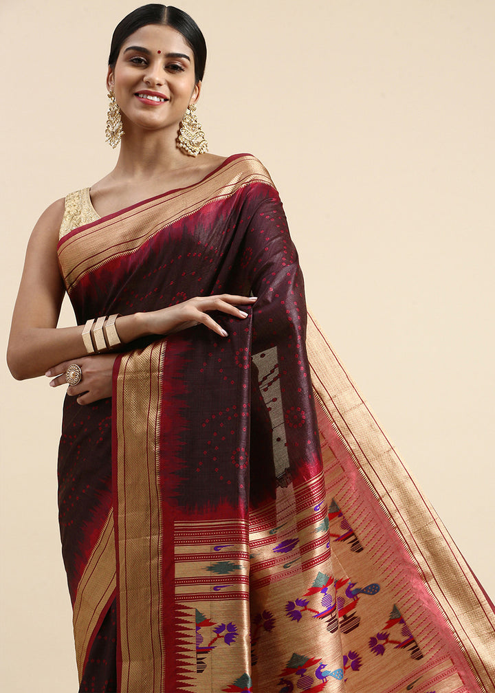 Dark Chocolate Brown Bandhani Paithani Silk Saree with Exquisite Zari Pallu