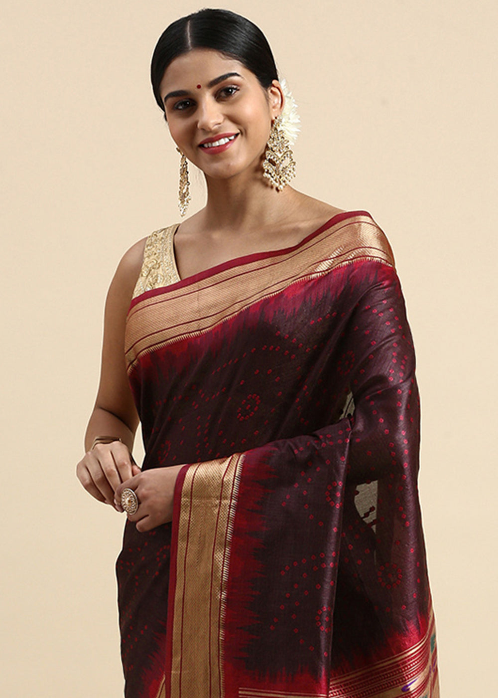 Dark Chocolate Brown Bandhani Paithani Silk Saree with Exquisite Zari Pallu