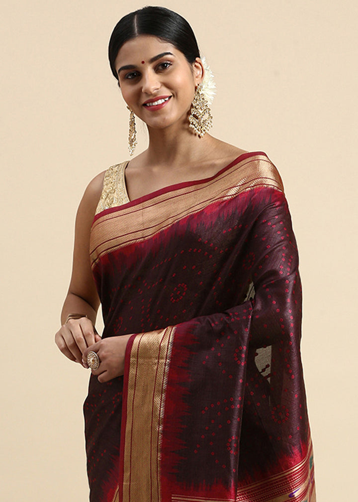 Dark Chocolate Brown Bandhani Paithani Silk Saree with Exquisite Zari Pallu