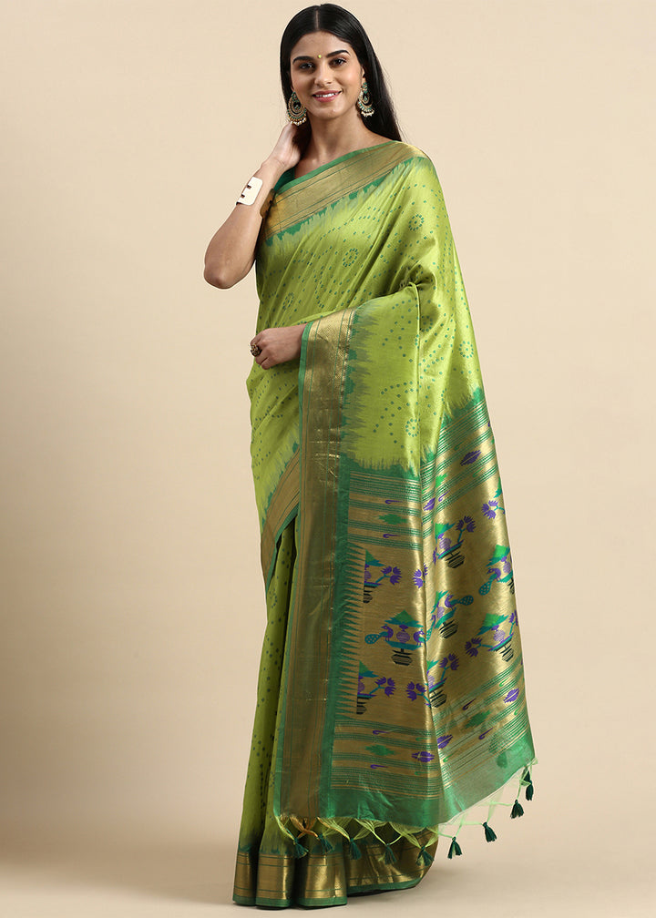 Lime Green Bandhani Paithani Silk Saree with Exquisite Zari Pallu