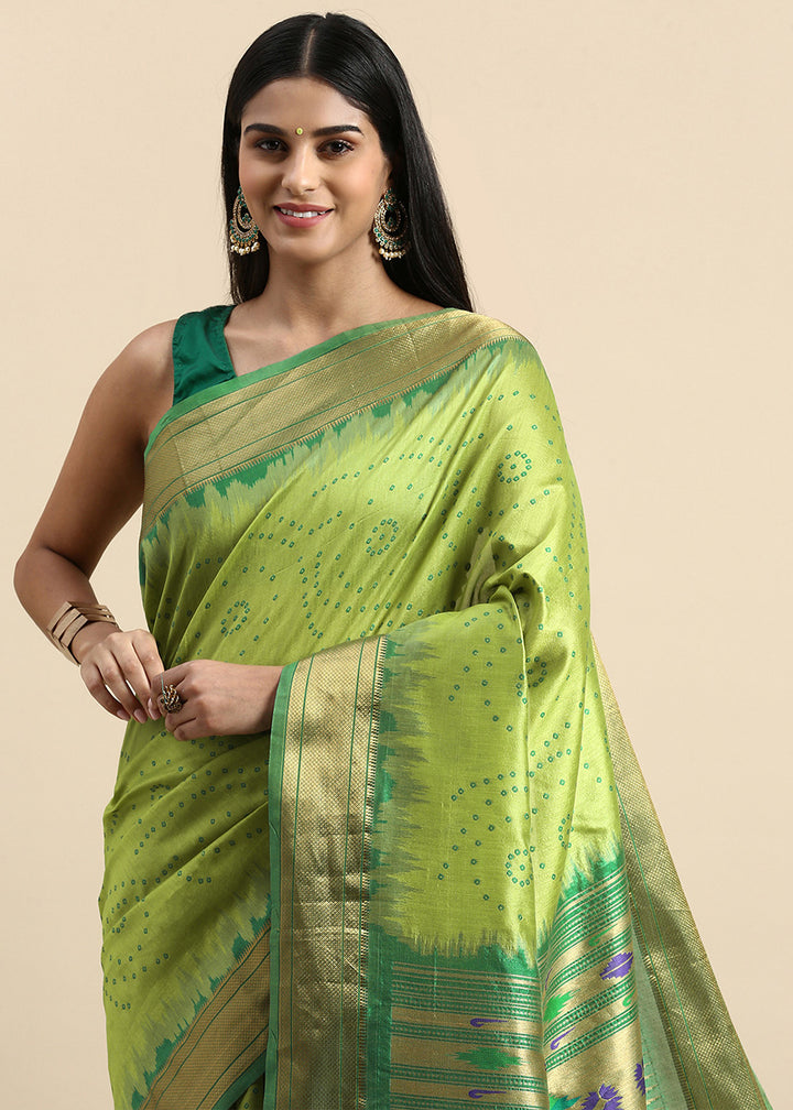 Lime Green Bandhani Paithani Silk Saree with Exquisite Zari Pallu