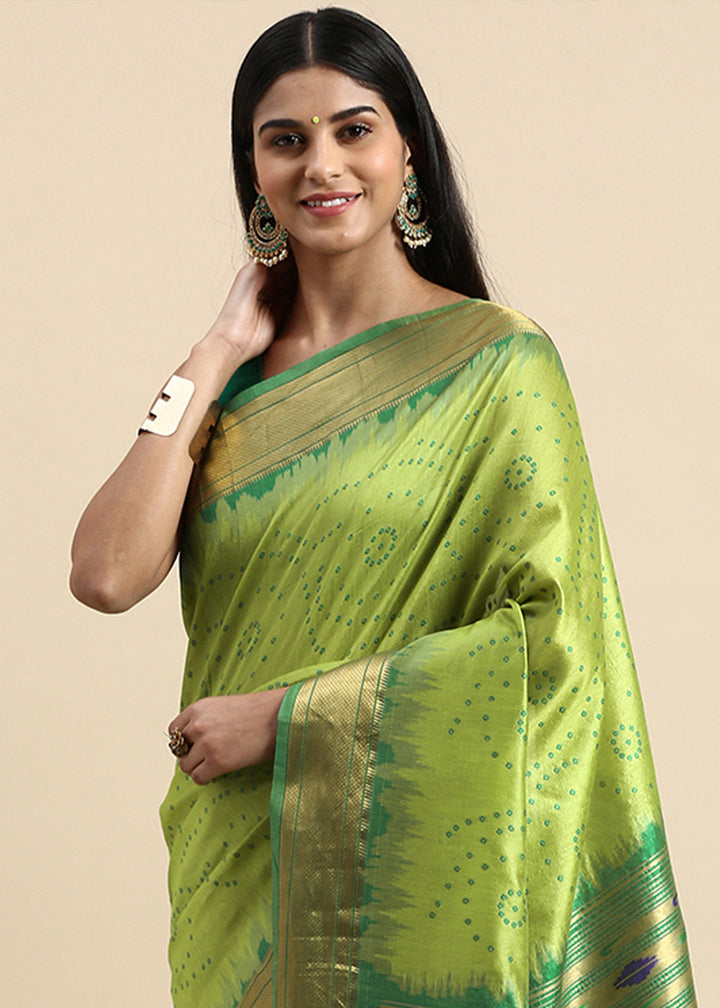 Lime Green Bandhani Paithani Silk Saree with Exquisite Zari Pallu