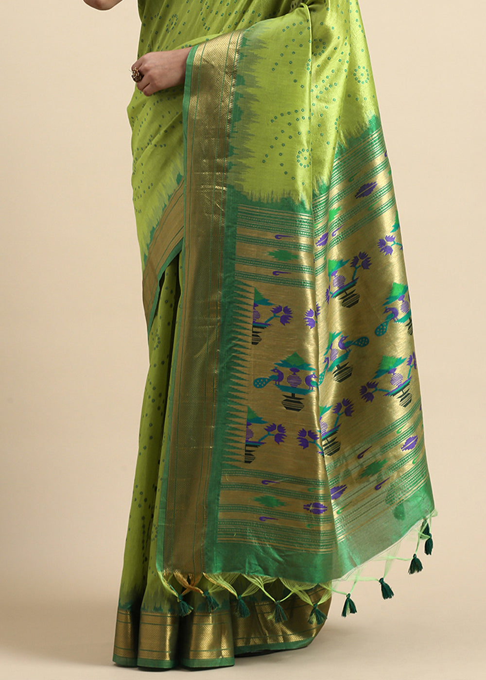 Lime Green Bandhani Paithani Silk Saree with Exquisite Zari Pallu