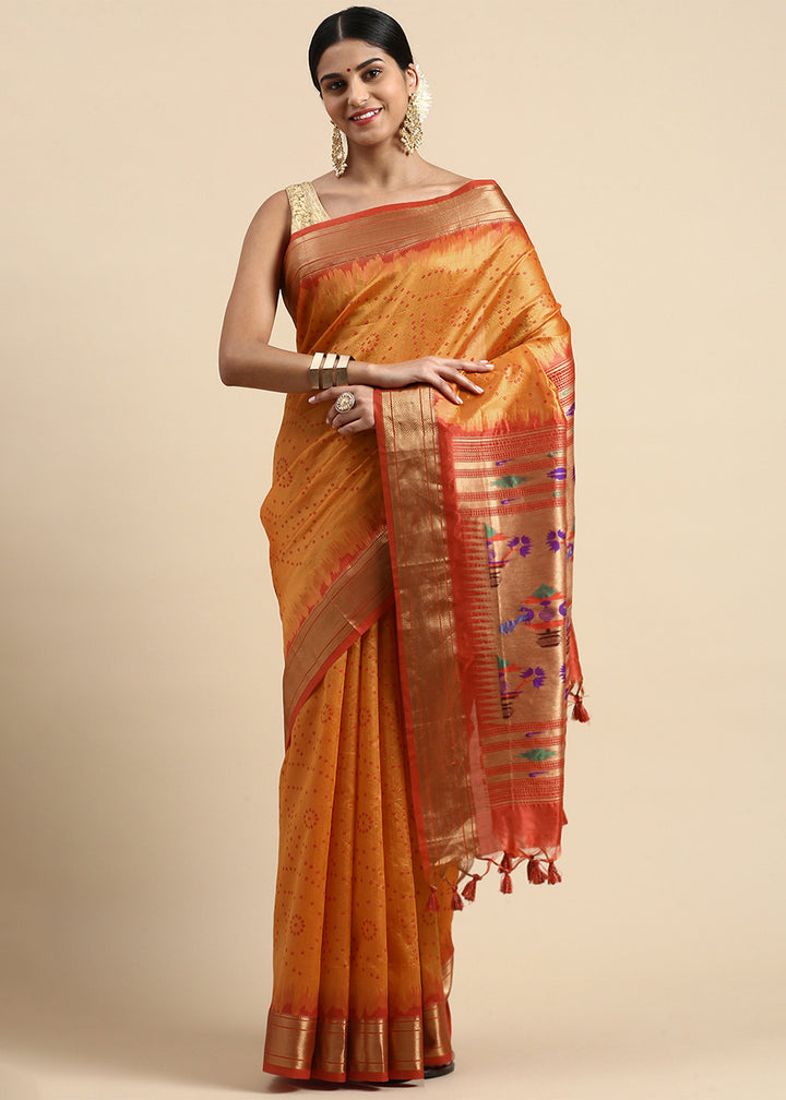 Shades of Orange Bandhani Paithani Silk Saree with Exquisite Zari Pallu