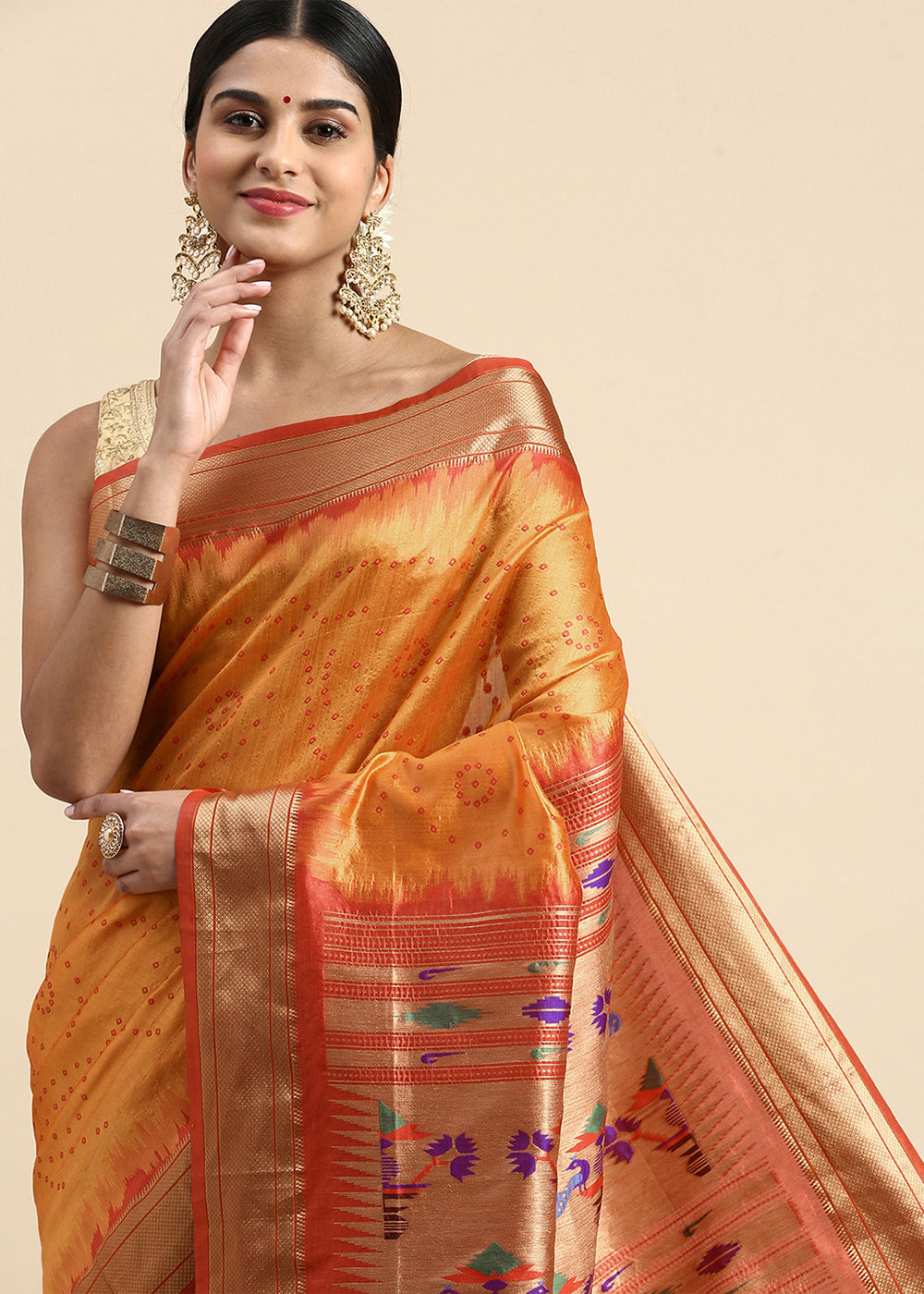 Shades of Orange Bandhani Paithani Silk Saree with Exquisite Zari Pallu