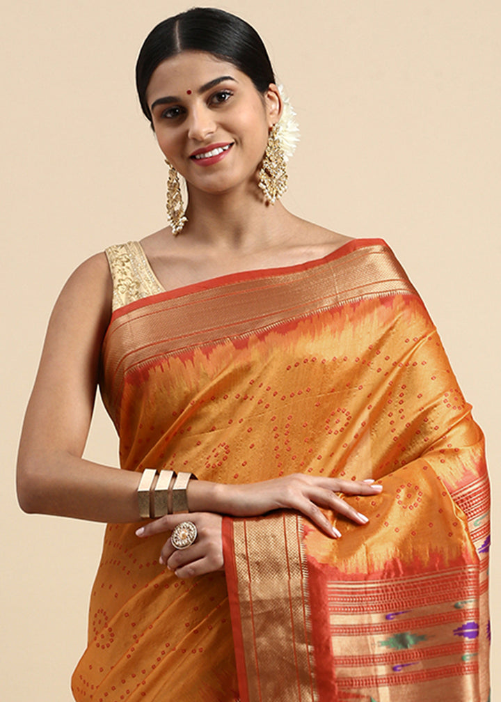 Shades of Orange Bandhani Paithani Silk Saree with Exquisite Zari Pallu