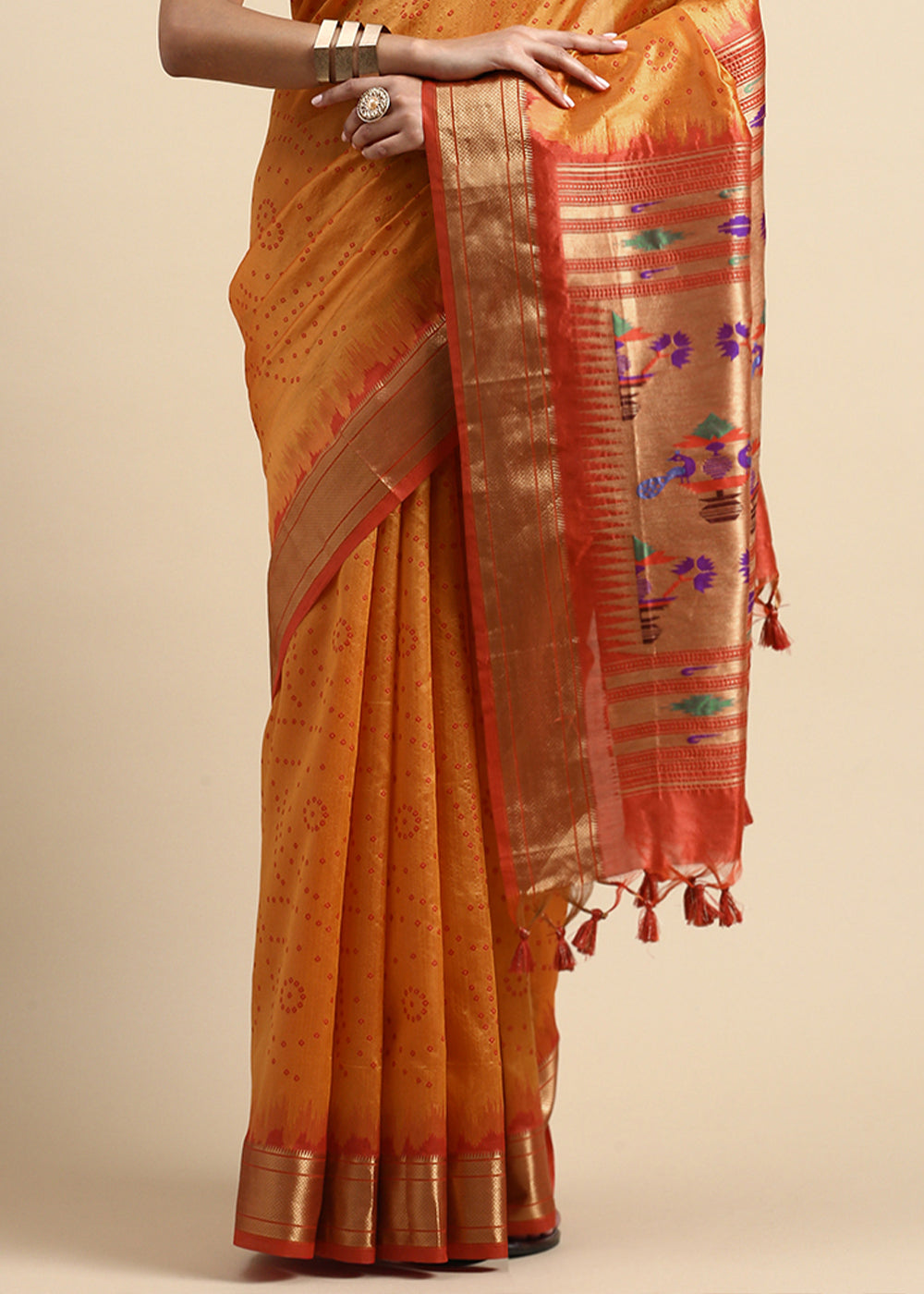 Shades of Orange Bandhani Paithani Silk Saree with Exquisite Zari Pallu