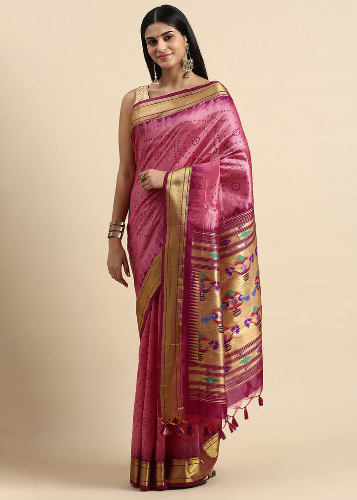 Neon Pink Bandhani Paithani Silk Saree with Exquisite Zari Pallu