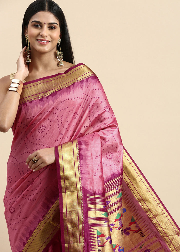 Neon Pink Bandhani Paithani Silk Saree with Exquisite Zari Pallu