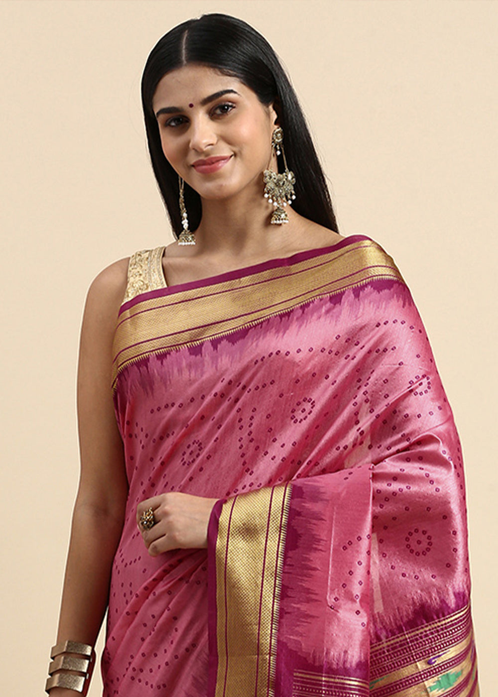 Neon Pink Bandhani Paithani Silk Saree with Exquisite Zari Pallu